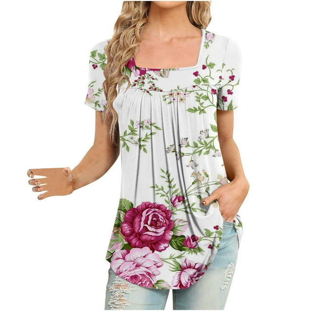 Pompotops Mode Femme Imprimé Décontracté Col en V Manches Courtes T-Shirt Ample Blouse Hauts
