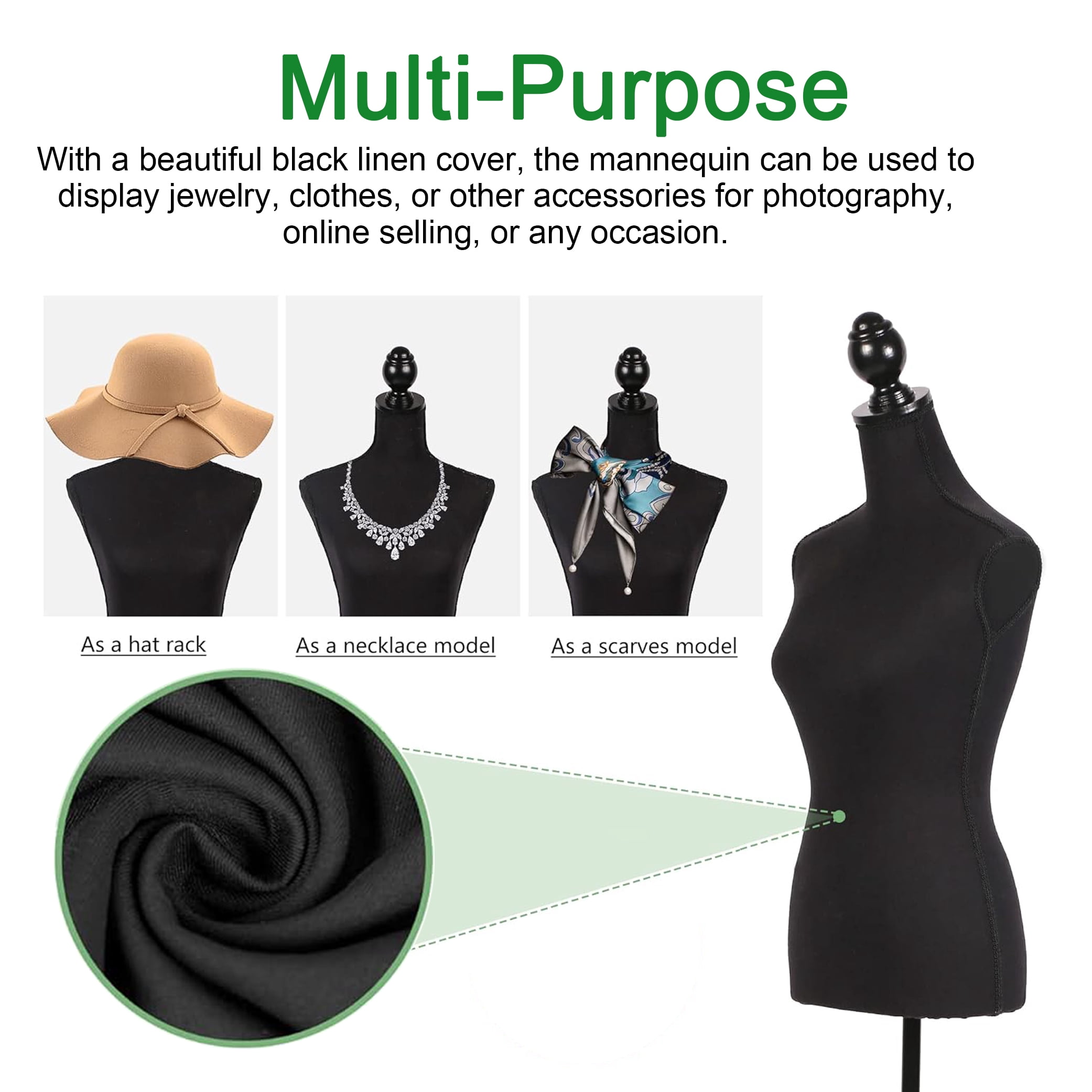 Female Mannequin Dress Form Manikin Body Torso with Wooden Tripod Base Stand Adjustable Height Pinnable Feature for Sewing Dress Jewelry Display, Black