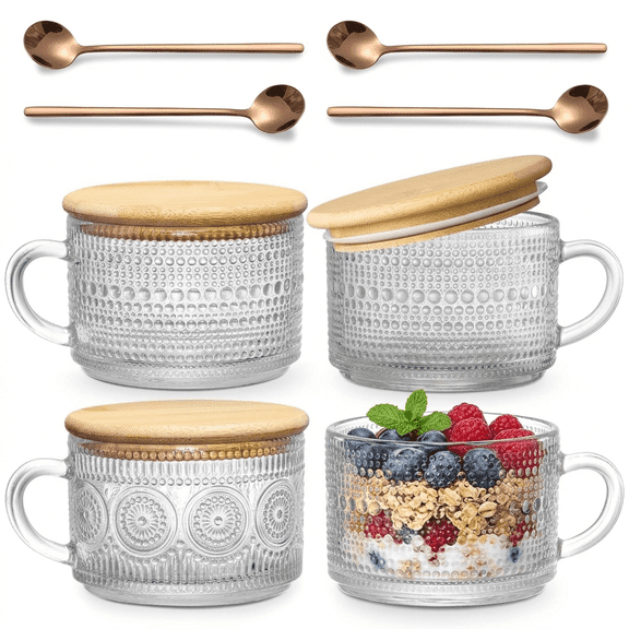4 Pack Vintage Glass Coffee Mugs with Bamboo Lids and Spoons, 14 oz Embossed Clear Drinking Glasses for Iced Coffee, Oats, Latte, Tea, Cute Coffee Bar Accessories Gift Set