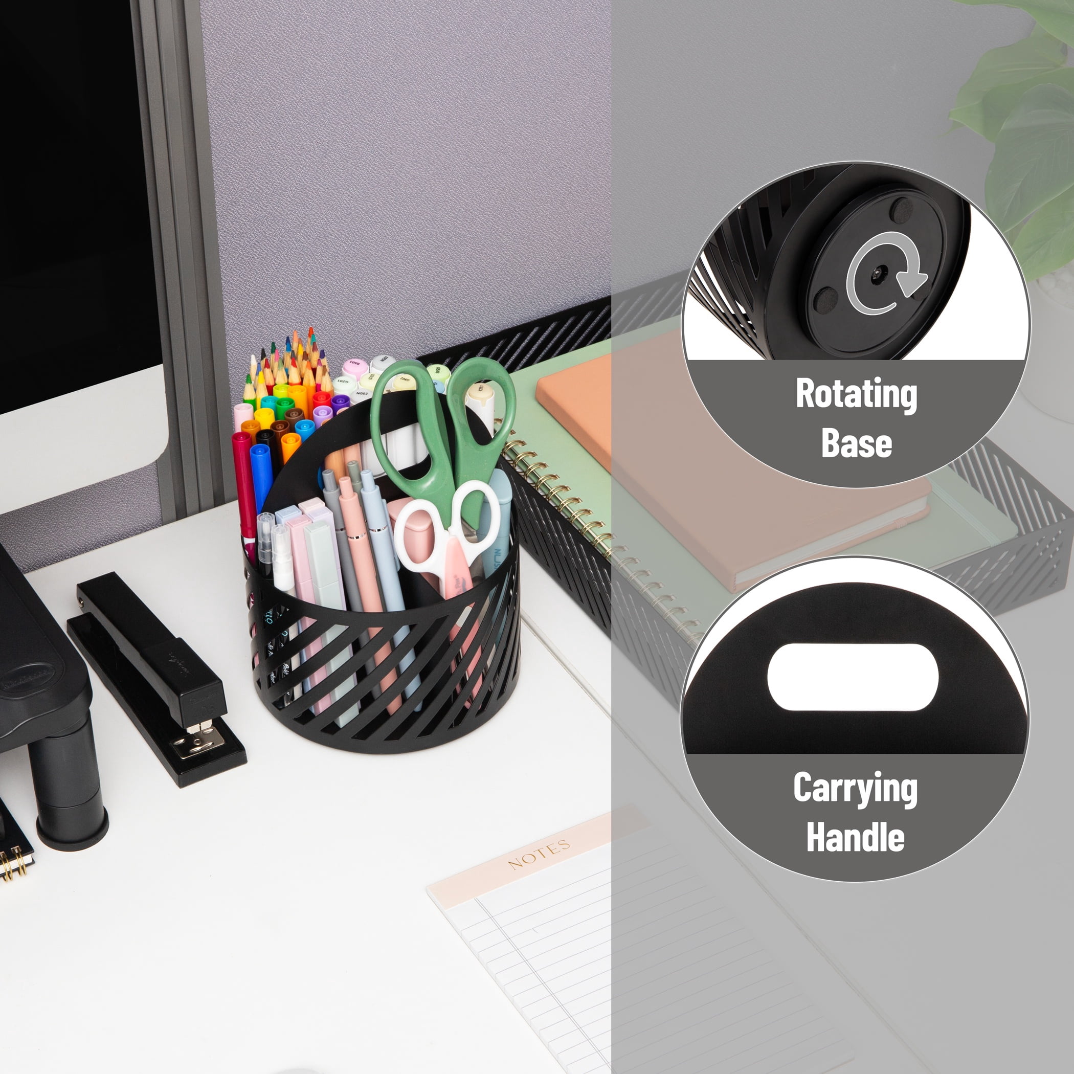 Mind Reader Round Metal Desktop Carousel Organizer with Handle, Four Compartments, Office Supplies and Accessories, Metal, Black