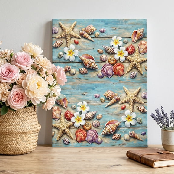 Canvas Wall Art Summer Coastal Canvas Art Print Beach Starfish Conch Flower Blue Wood Board Pictures Wall Decor for Living Room Bedroom Artwork Decorations Stretched Framed Ready to Hang 8"x10"