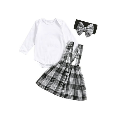 

Qiylii Baby Girls Clothes Set Solid Color Romper+Plaid Suspender Skirt+Headband