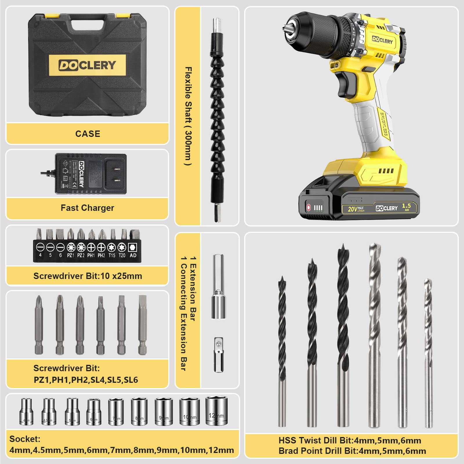 DOCLERY 20V Brushless Cordless Drill, Electric Power Drill Set with 1 Battery & Charger, 2 Variable Speed, 442.48 In-lb Torque, 21+1 Position and 34pcs Drill/Driver Bits