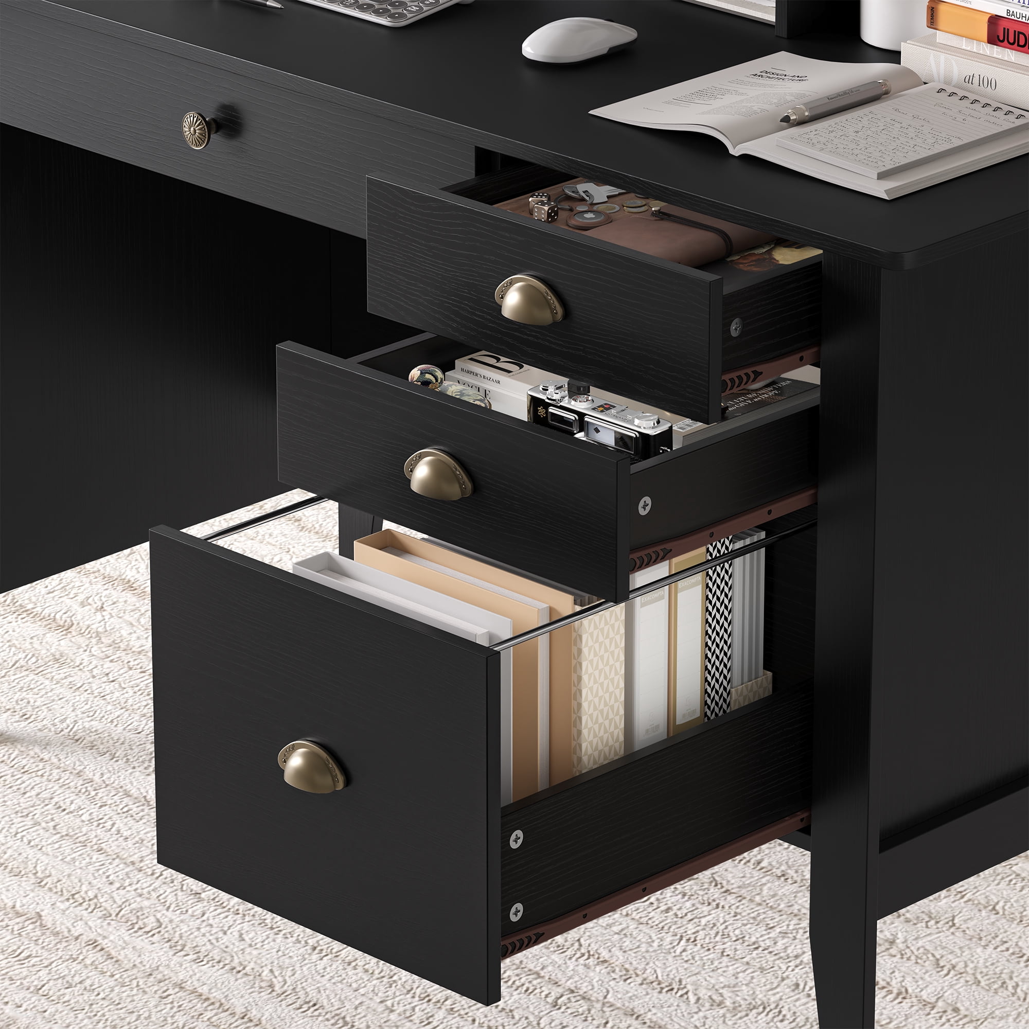Homfa Black Computer Desk with Monitor Stand, 47in Wide Office Desk with Storage, Modern Executive Desk with File Drawers for Home & Study