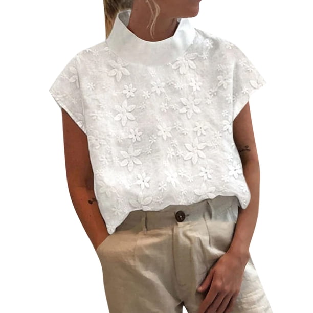 Camisetas Sin Mangas Para Mujer con bordado de encaje de verano de Color sólido para mujer, camiseta ajustada sin mangas con cuello levantado, chaleco superior (White, XXXXL)