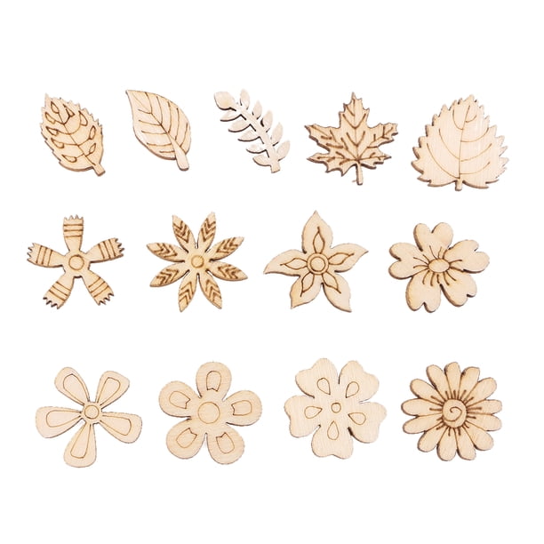 EeaseMX 50 piezas de juguetes educativos para hacer garabatos, flores y hojas de madera natural, adornos para scrapbooking, decoración artesanal, patrón aleatorio (Burlywood)