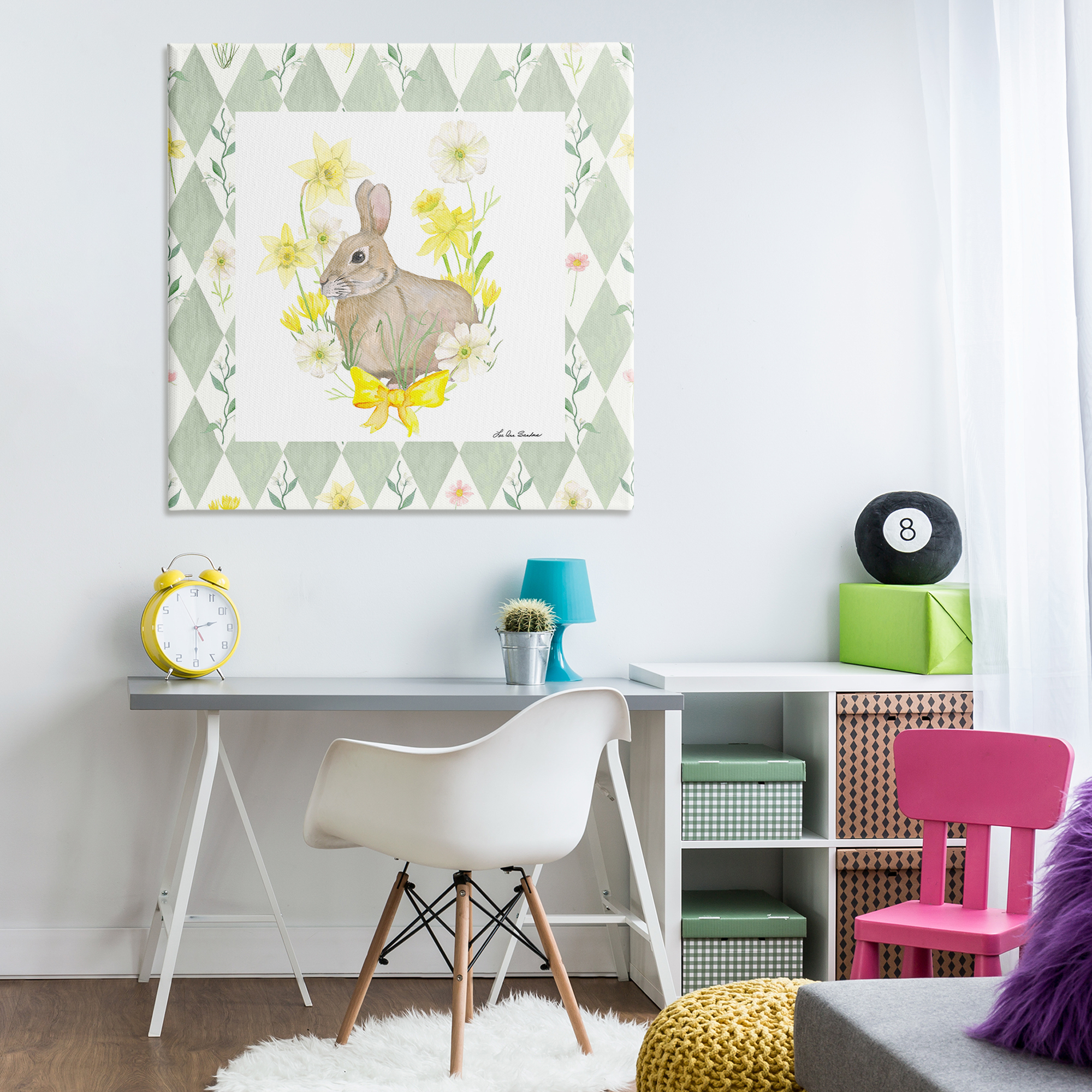 Mother Bunny on Green Argyle Canvas Wall Art, design by Lee Ann Sanders
