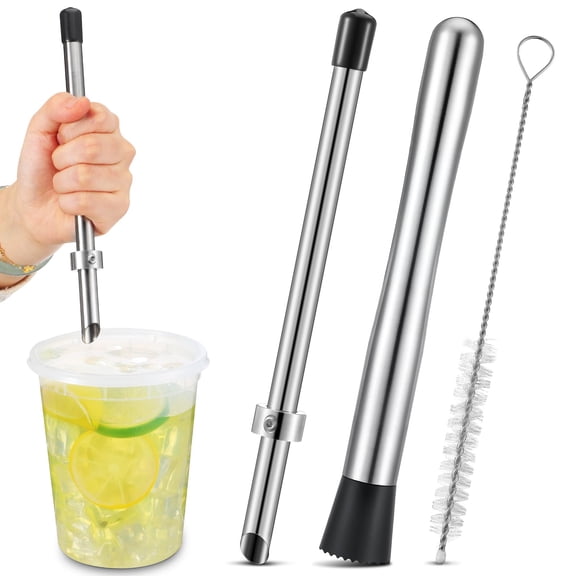 Lemonade Stand Straw Puncher and Muddler, 2 Piece Bar Tool Set for Fresh Squeezed Lemonade, Includes Stainless Steel Fruit Crusher and Cup Lid Punch Tool, Silver