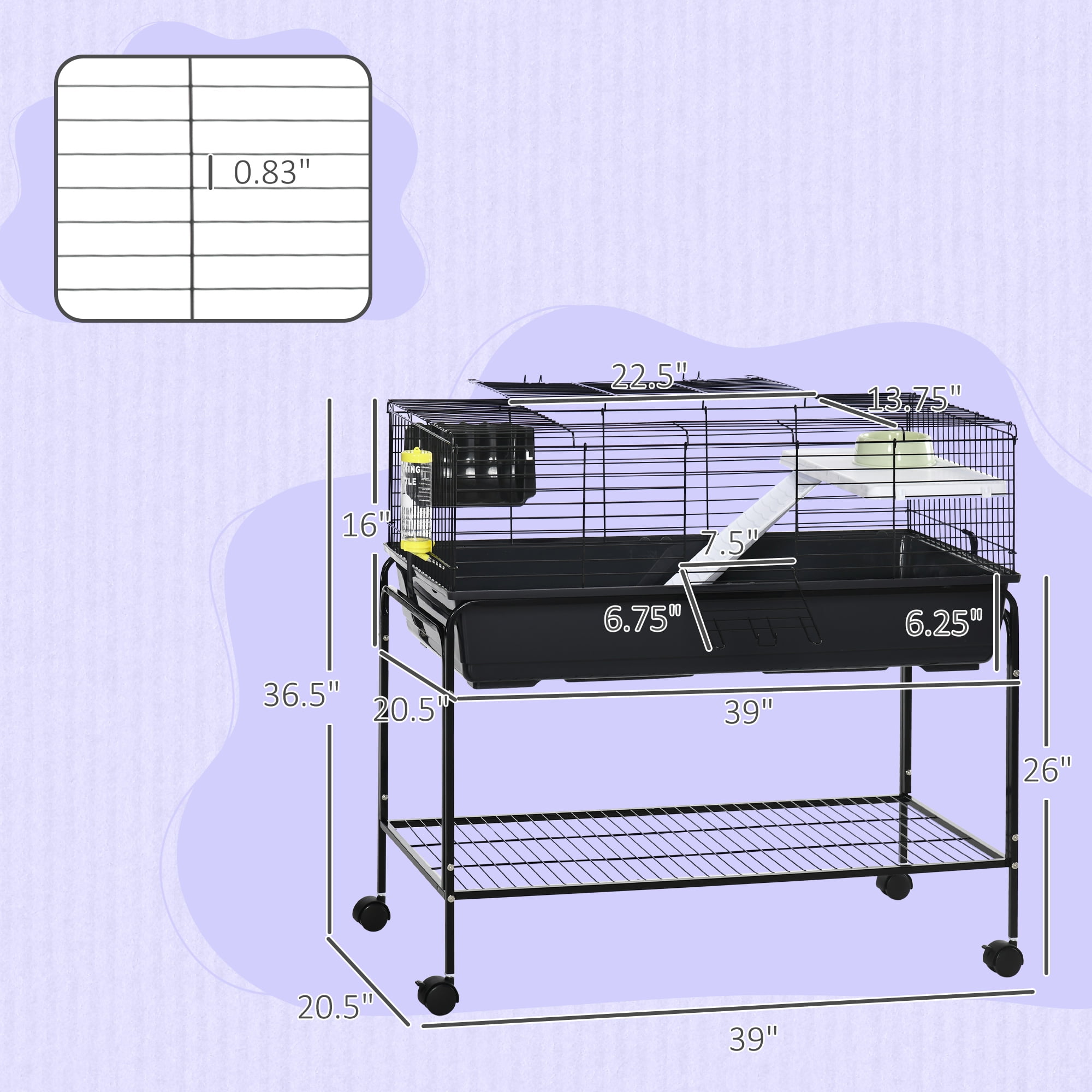 PawHut Two-Story Small Animal Cage Removable from Stand, Guinea Pig, Hedgehog, Chinchilla, Ferret, Shelf & Wheels, Pet Habitat, 39" x 20.5" x 36.5"