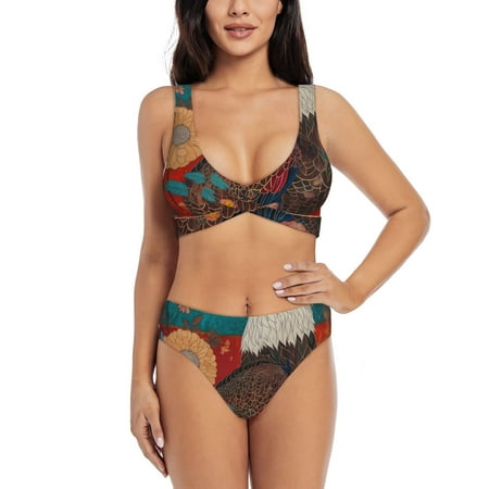 Zeuib Sunflower Bald Eagle High Waisted Tummy Control Bikini Set - Knot Front Push Up Top & Cheeky Thong Bottom  Two-Piece Swimsuit for Women-X-Large