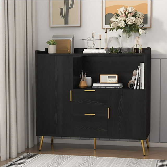 Buffet Cabinet with Drawers, 40" Sideboard Buffet Storage Cabinet with Shelves and Doors, Modern Coffee Bar Station Wood Kitchen Table for Kitchen, Dining Room, Black