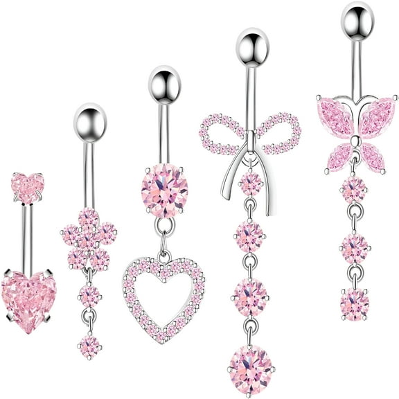 DESIGNICE 14G Silver Stainless Steel Cute Pink CZ Heart, Butterfly, Bow, Flower Belly Button Rings - Dainty Dangling Navel Piercing Jewelry Set for Women