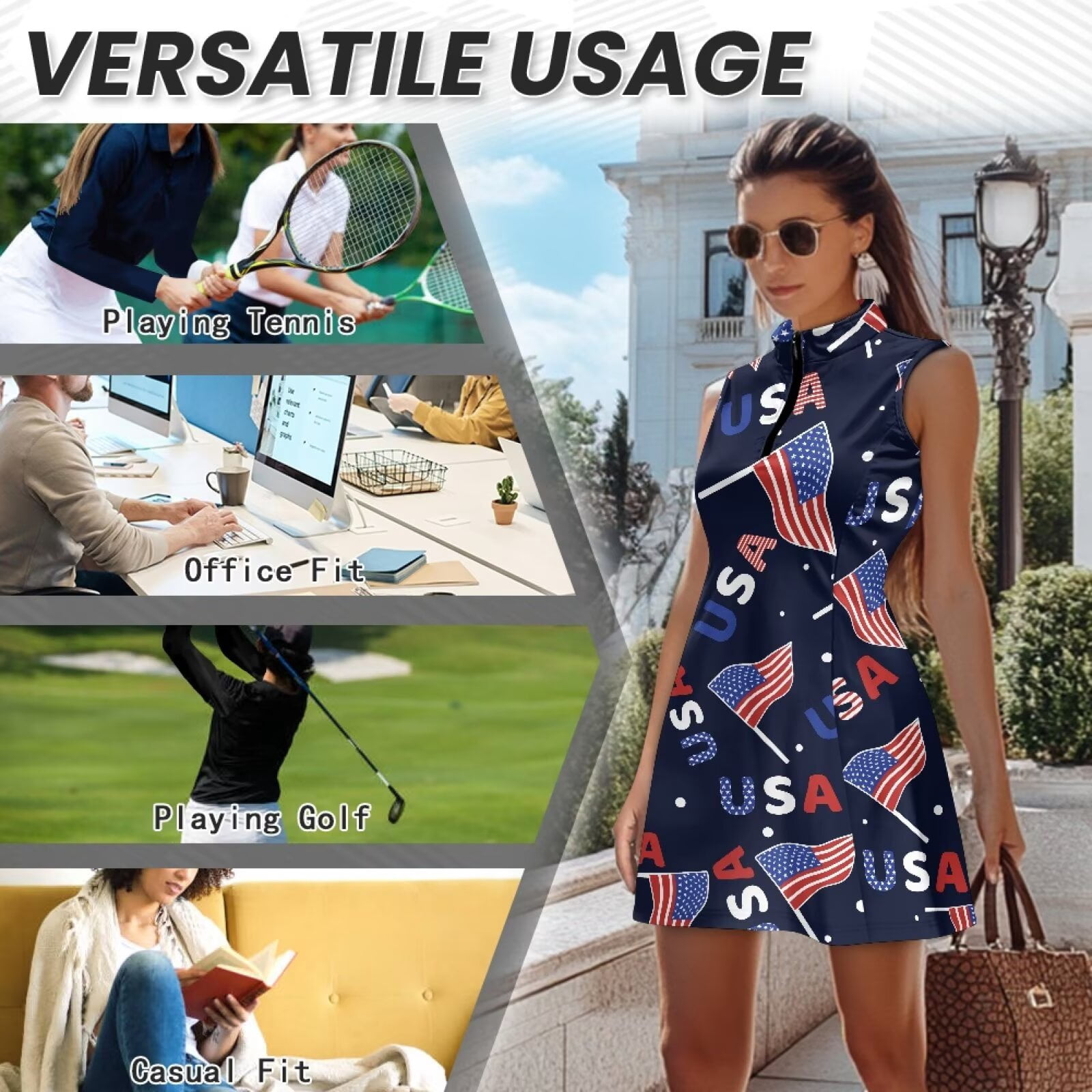 Yuyamidu American Flag Womens Tennis Dress with Inner Shorts Tennis Dress for Women Sleeveless Golf Outfits for Women Soft Womens Athletic Clothing Sets Size M