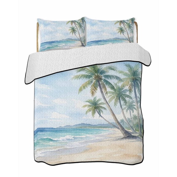 Quilts Queen Size, Summer Beach Palm Tree Soft Comforter Bedding Set for Bed, Blue Coastal Tropical Ocean Lightweight Quilted Bedspread with Pillow Cover(2 Pieces) for All Season, 90x96 Inch