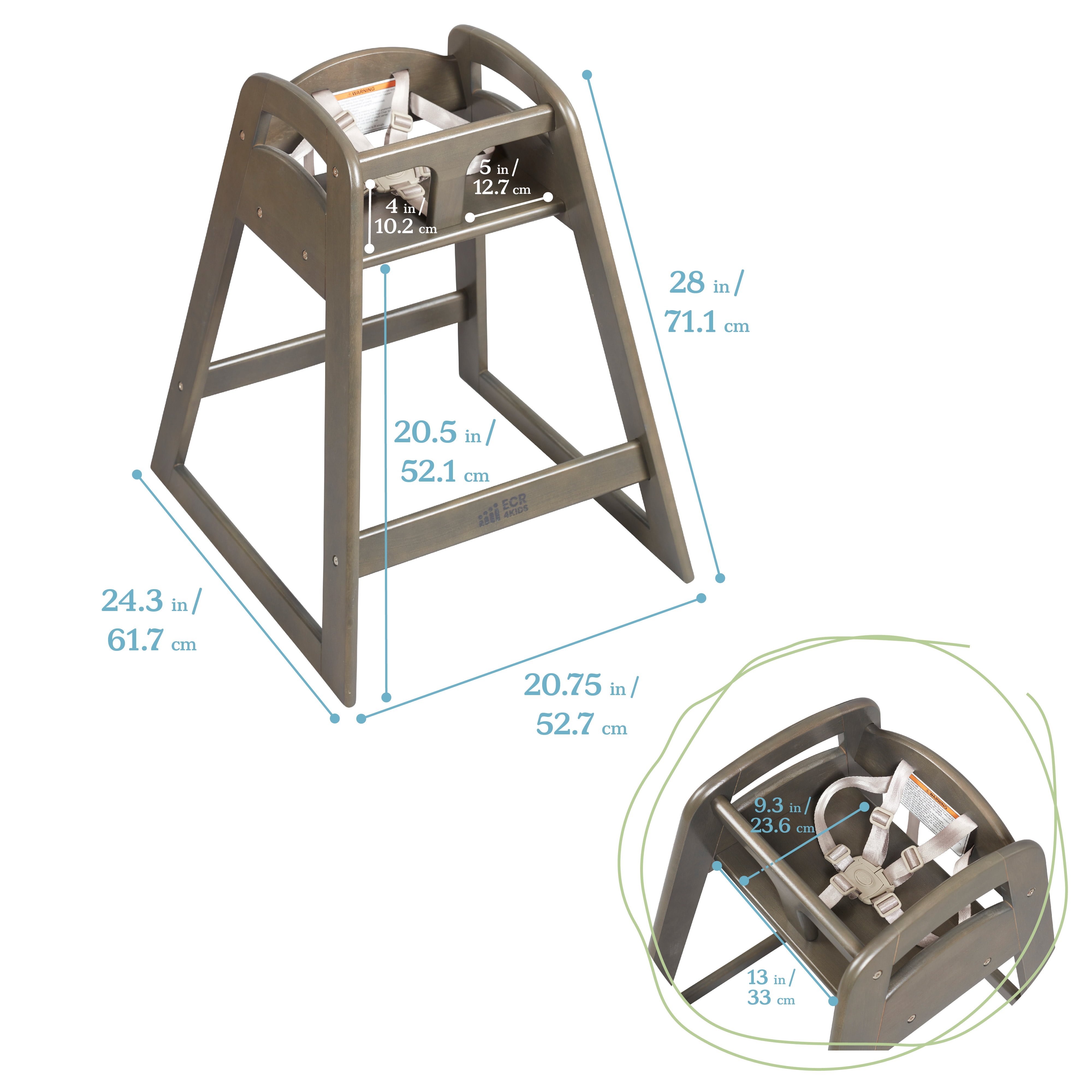 ECR4Kids ASATT Wooden Baby High Chair with Safety Strap, Childrens Furniture, Grey Wash