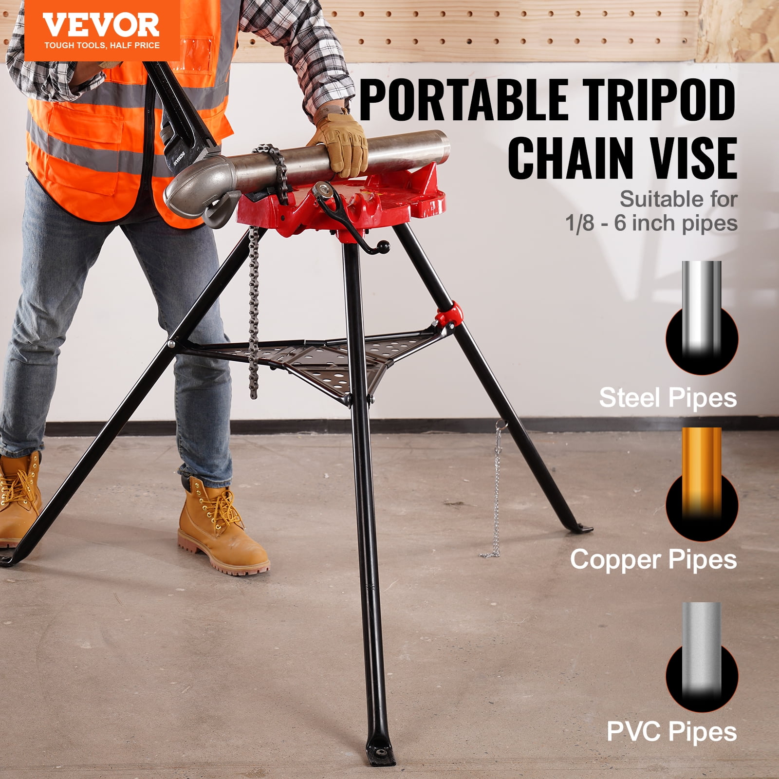 KFFKFF 460-6 Tripod Pipe Chain Clamp with 1/8"-6" Range, Portable Folding Steel Legs, Pipe Support Stands Including Tool Tray, Perfect for Various Pipe Substances