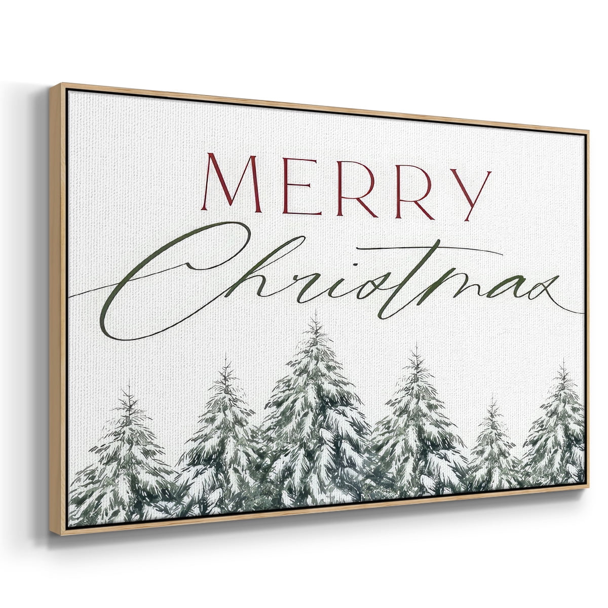 Merry Christmas Trees - Framed Gallery Wrapped Holiday Canvas - 27 x 41 - Natural Wood Frame