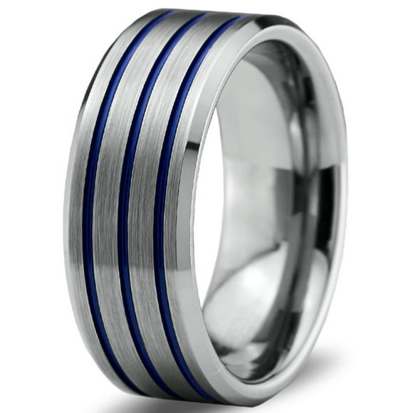 Tungsten Wedding Band Ring 8mm for Men Women Blue Grey Beveled Edge Brushed Polished Lifetime Guarantee