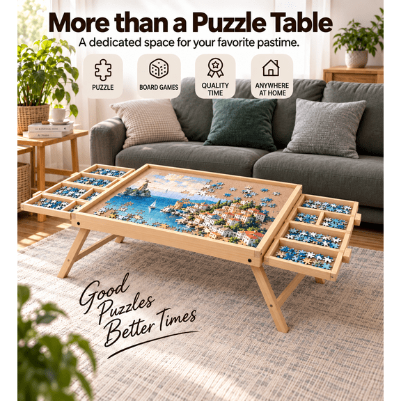 1000 pieces Wooden Puzzle Table with Folding Legs, Sorting Drawers and Cover, Natural New Zealand Pine
