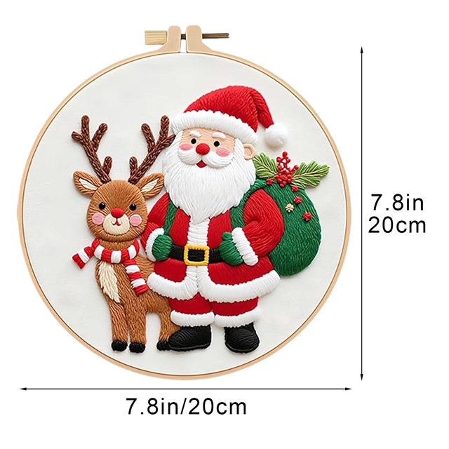 Beginner Embroidery Kit for Christmas DIY Projects with Printed Cloth, 3 Needles, English Instructions, and 20 cm Hoop