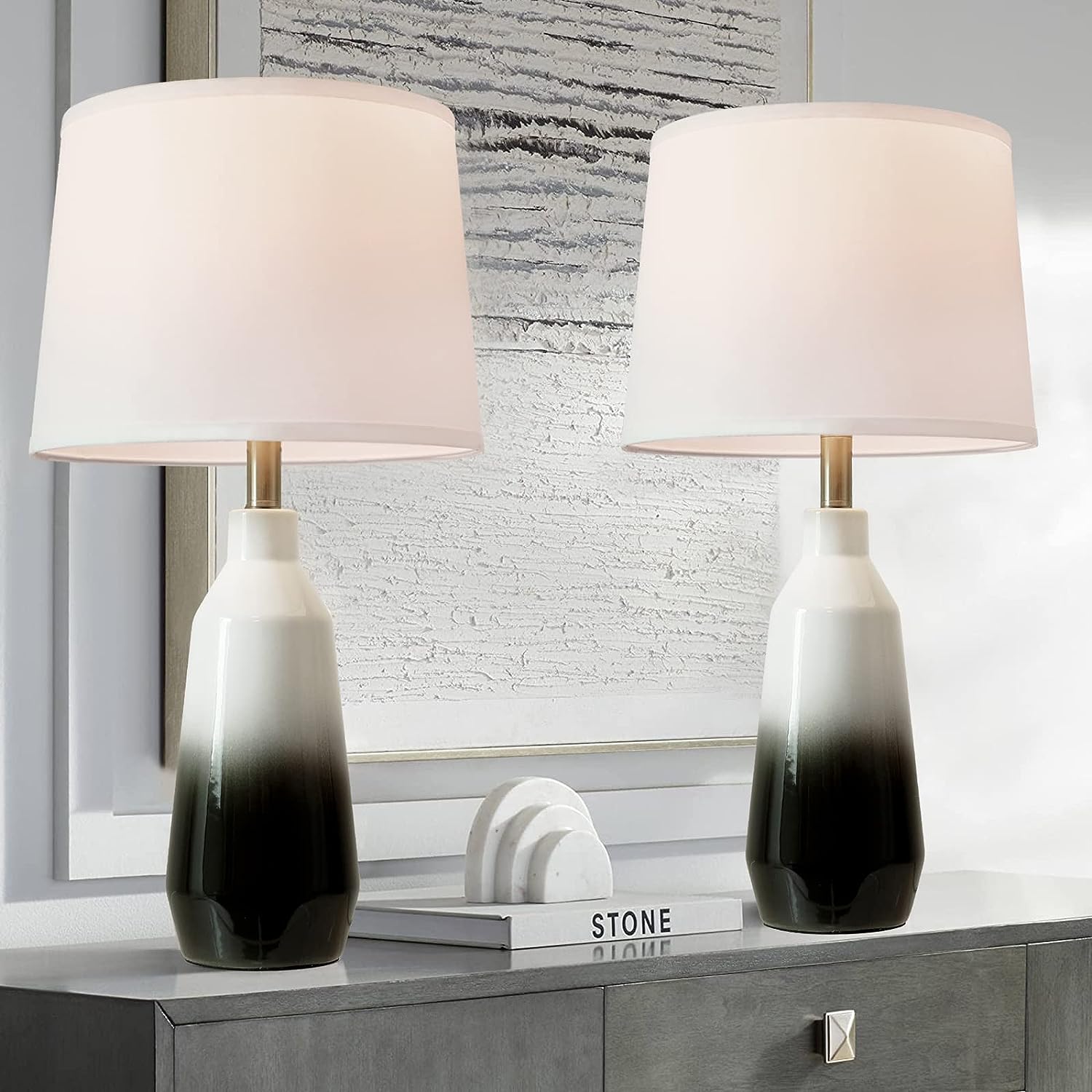 Rottogoon Ceramic Bedside Table Lamps for Living Room Contemporary Coastal Bedroom Lamp Dimmable