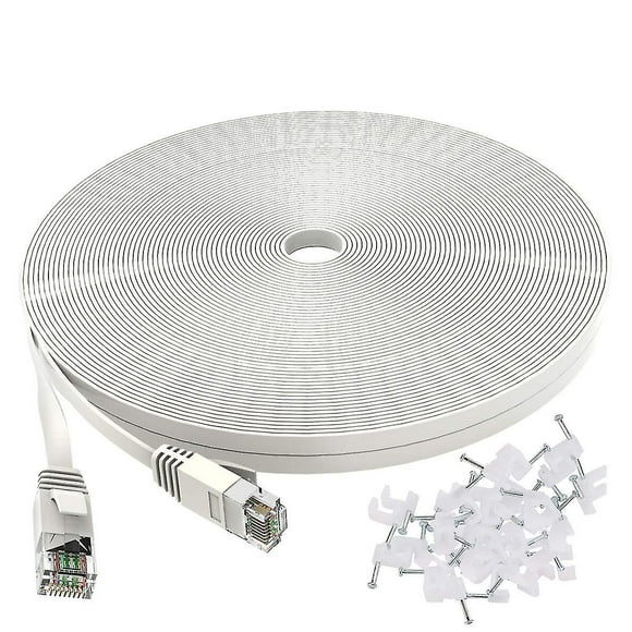 Cat 6 Ethernet Cable 50 Ft White - Flat Internet Network Lan Patch Cords Solid Cat6 High Speed Computer Wire With Clips& Snagless Rj45 Connectors Com