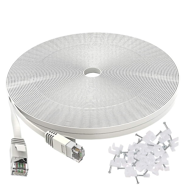 Cable Ethernet Cat 6 de 50 pies, color blanco, cables de conexión LAN planos para red de Internet, cable sólido para computadora Cat6 de alta velocidad con clips y conectores Rj45