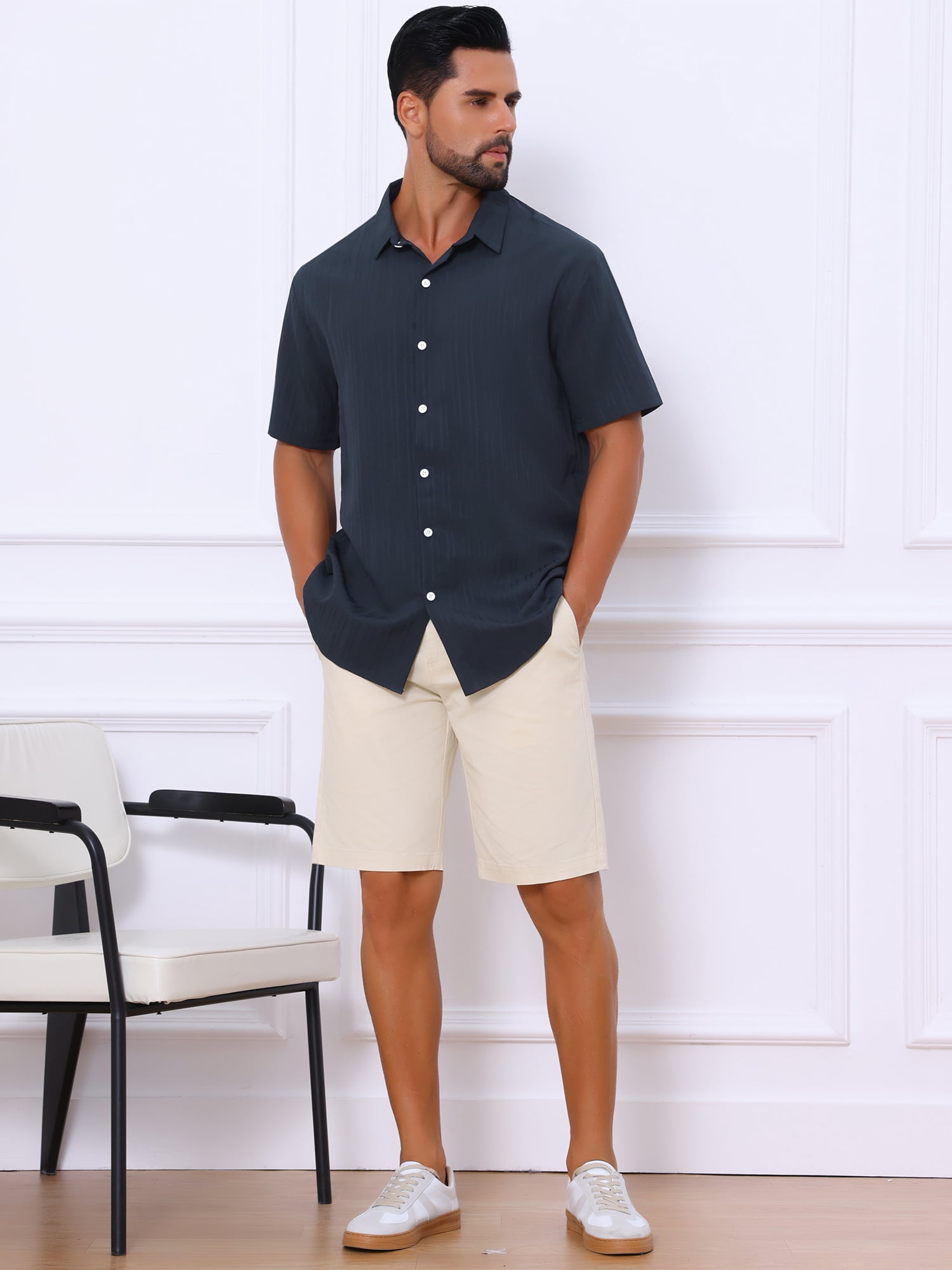 DARING DIVA Men's Short Sleeve Button Down Beach Summer Casual Shirt for Men M Navy Blue