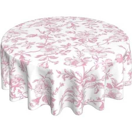 Pink Floral Round Tablecloth 60 Inch Chinoiserie Flower Toile Pink Table Cloth Vintage Polyester Fabric Farmhouse Round Floral Table Cover for Party Dining Picnic Kitchen Decor Indoor Outdoor