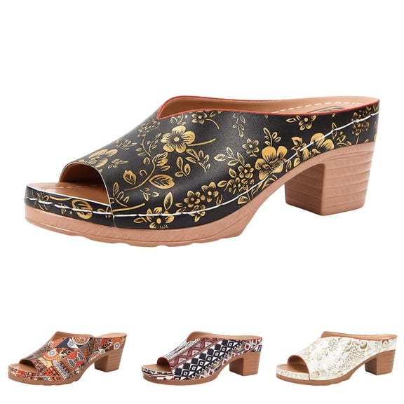 Modstep Chunky Heel Slides for Women Casual Flower Print Sandals with Arch Support Ladies Low Block Heels Slip on Wedge Shoes size 6 Black
