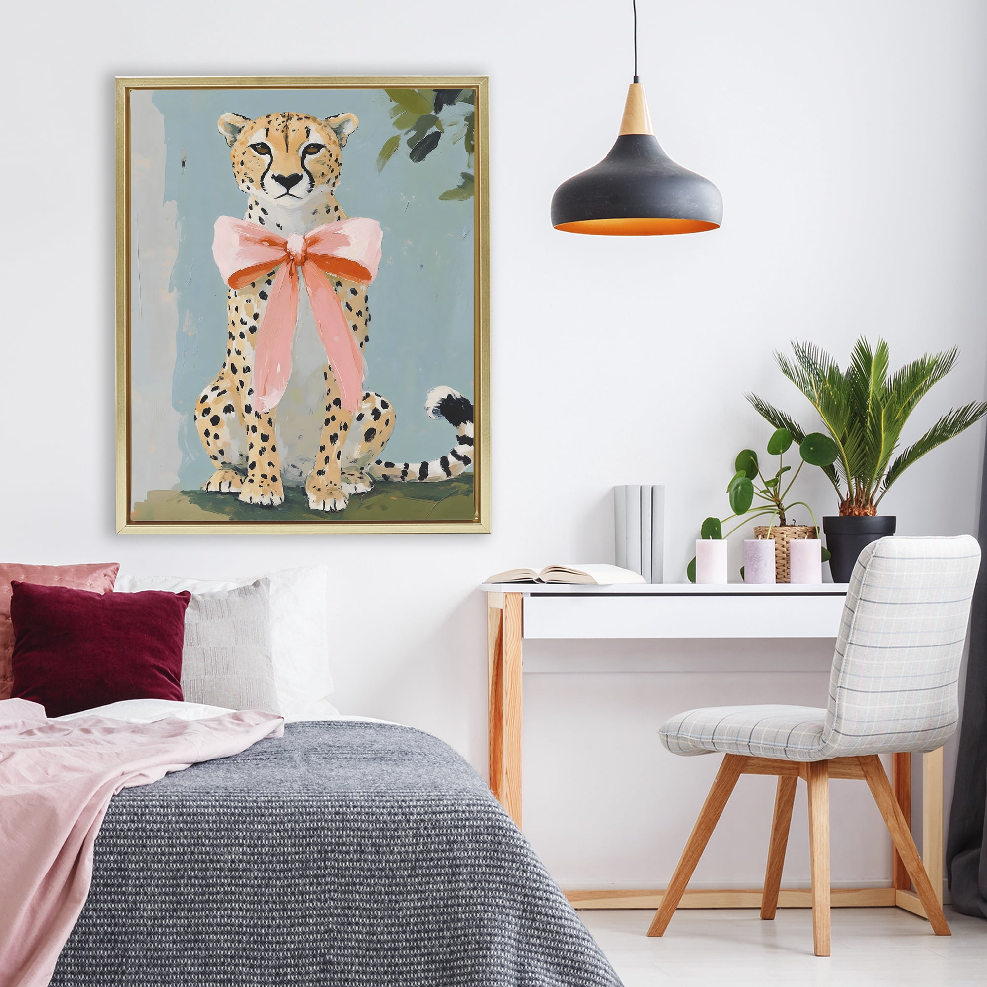 Stupell Industries Cheetah with Big Pink Bow Gold Framed Floater Canvas Wall Art, design by The Prints Vibe