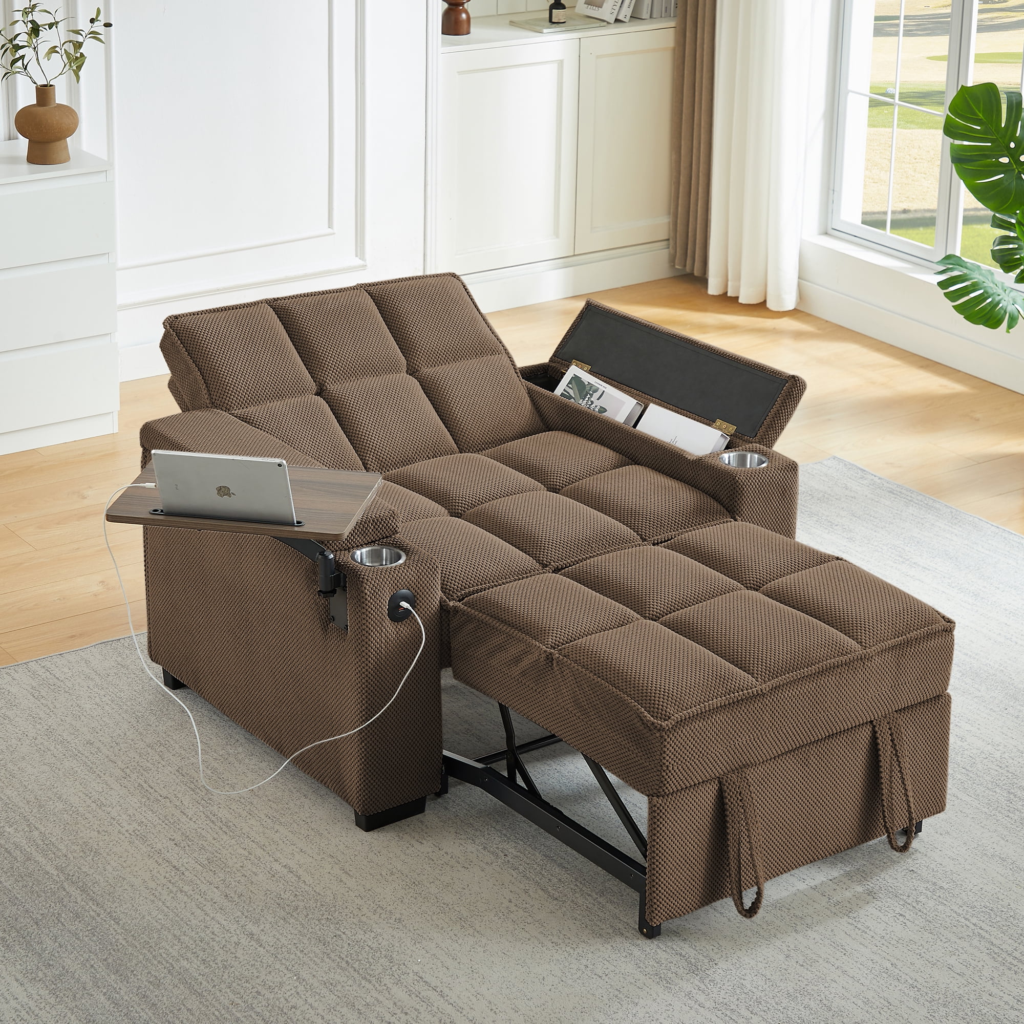 Gewnee 3-in-1 Convertible Sleeper Chair with Adjustable Backrest,Pull-Out Single Sofa Bed with Swivel Side Table & USB Ports & Cup Holder,Perfect for Dorms,Offices.Coffee