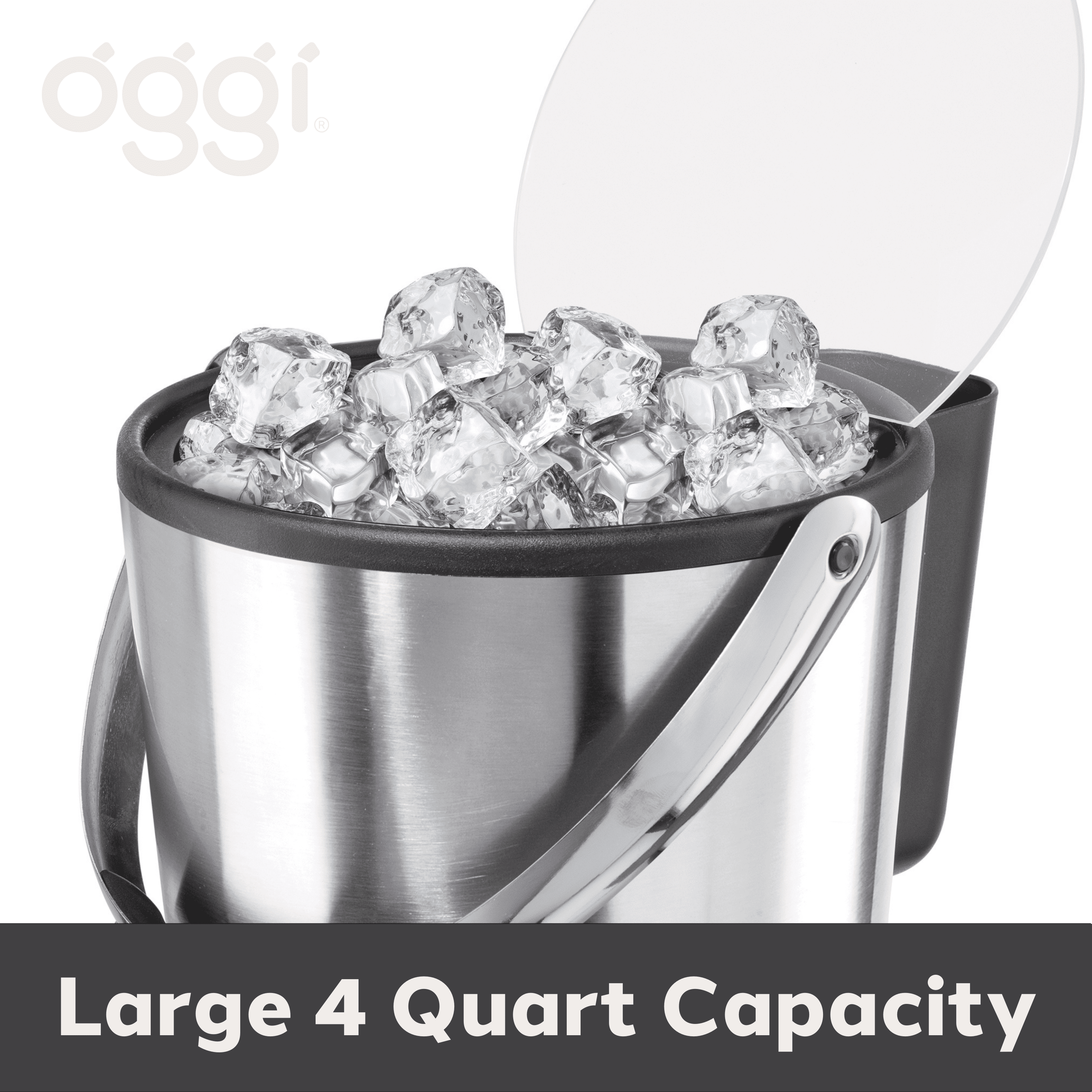 Oggi Ice Bucket with Flip Top and Ice Scoop, Large 4 Qt Capacity, Stainless Steel & Black Model