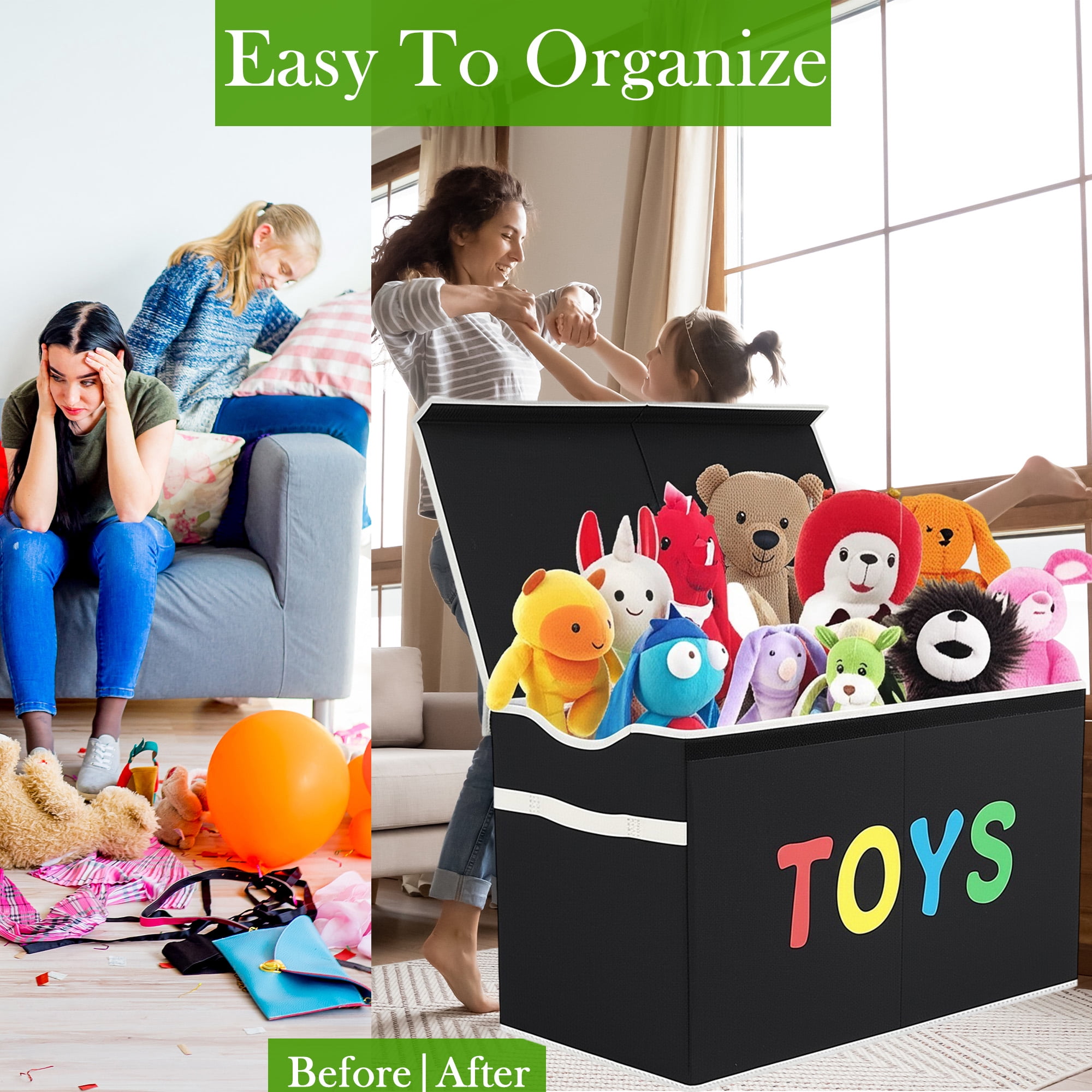 VICTORICH Extra Large Children's Collapsible Toy Storage Fabric 32 gal Kids Room Toy Chests with Lid, Black