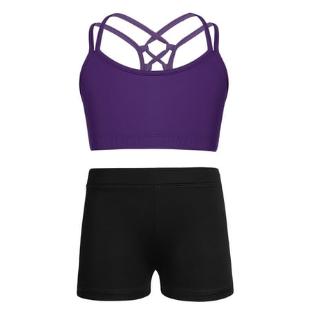Venjoe Kids Girls Sports Dance Outfits Criss Cross Back Crop Top Bra with Shorts set Gymnastics Purple 14