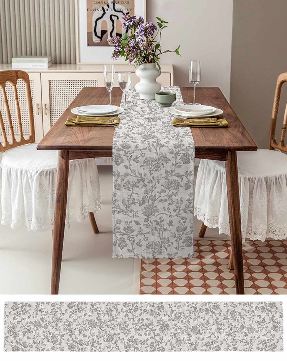 Farmhouse Flower Burlap Cotton Table Runner 13x120 Inches Long, Botanical Vintage Grey Leaf Plant Farmhouse Table Runners, Outdoor Dining Tablecloths Decor for Baby Shower/Party/Wedding