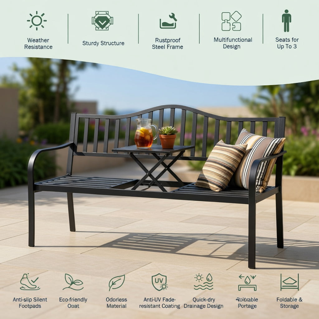 Hommoo Outdoor Steel Patio Bench with Foldable Center Table, Rust-Resistant Garden Seating for Backyard, Deck & Balcony, Black
