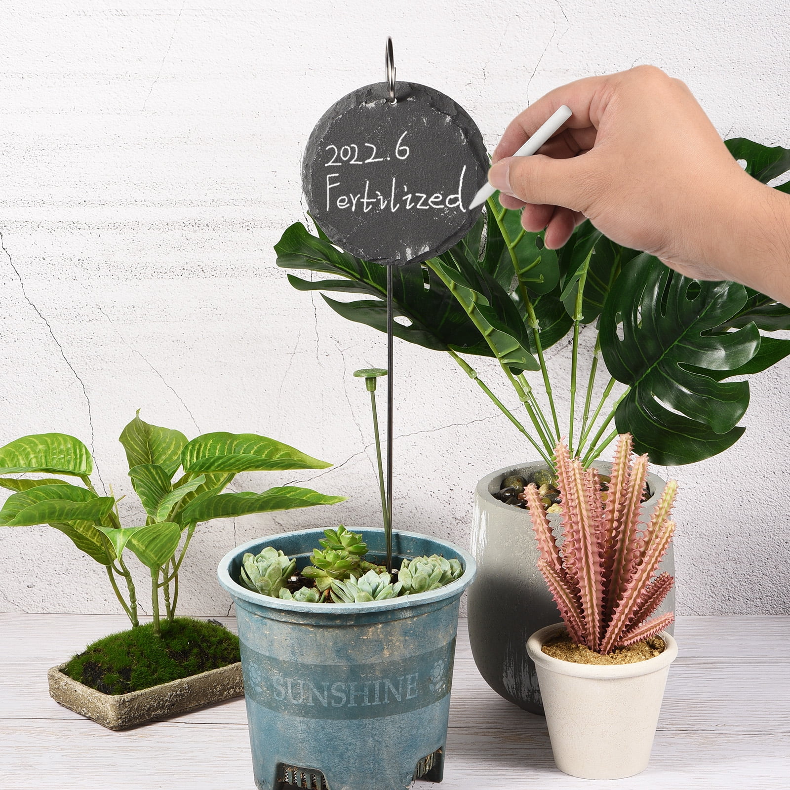 Uxcell Slate Round Shape Plant Labels with Stainless Steel Hanging Rod Pen 10 Pack