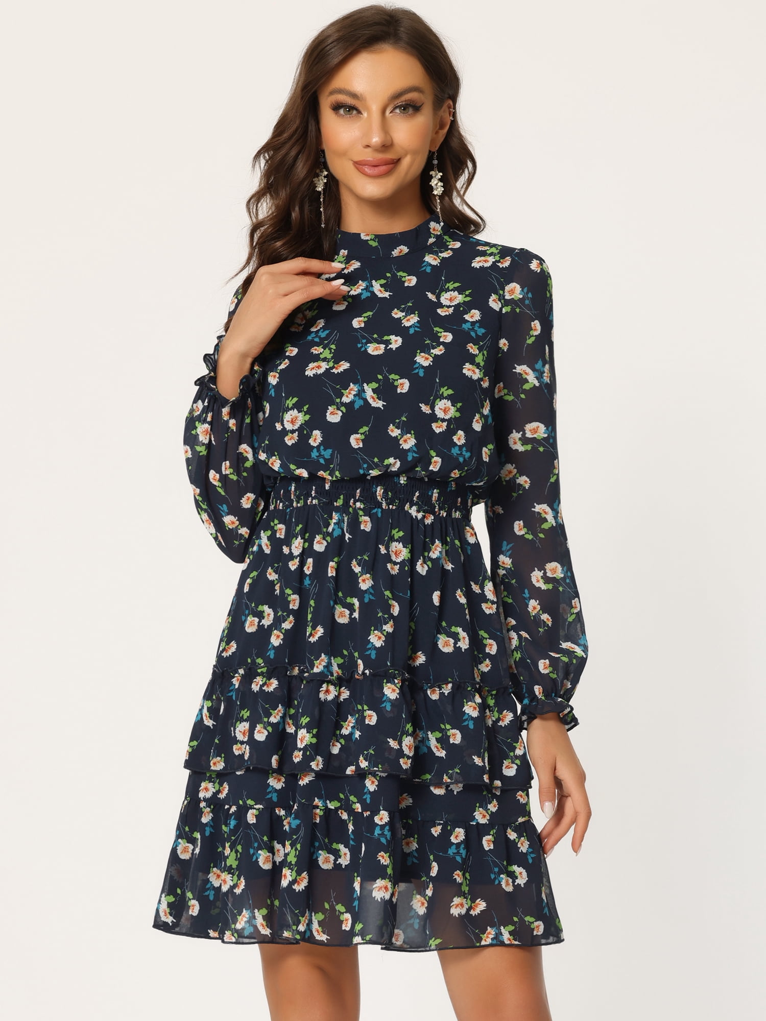 DARING DIVA Women's Sheer Sleeve Floral Chiffon Dress S Deep Blue