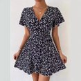 thumbnail image 2 of ZVNAΖH Women's Summer Short Sleeve Sexy Tie Wrap V Neck Floral Sundress Mini Dress, Sizes S-XL, 2 of 7