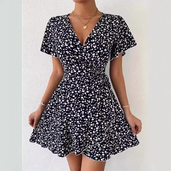 Summer Dress for Women, Dress for Women, Womens Summer Sexy Fragmented Flower Tie Waist Wrapped Short Sleeved V-Neck Dress