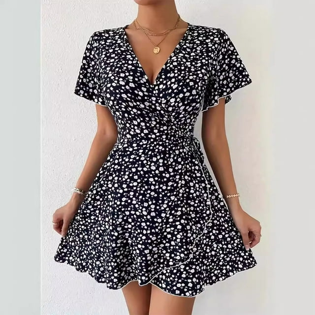 Robe d'Été pour Femmes, Robe pour Femmes, Robe d'Été Aguichant pour Femmes à Fleurs Fragmentées, Taille à Nouer, Portefeuille, Manches Courtes, Col en V
