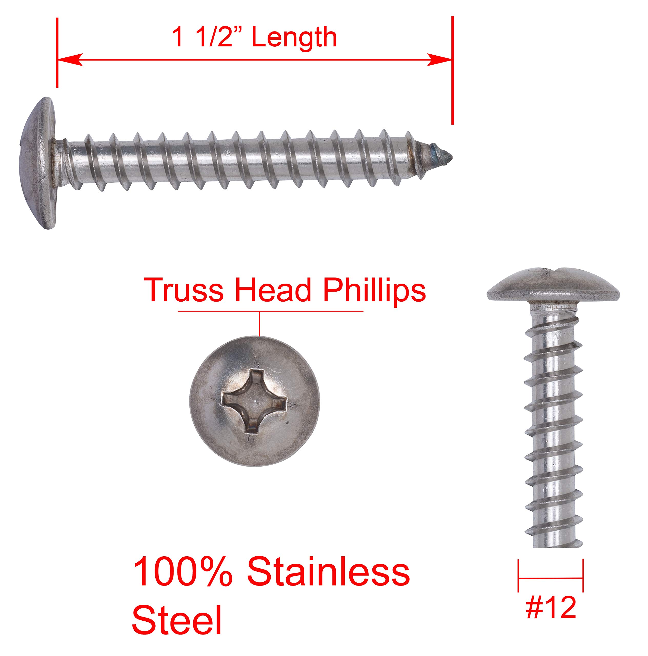 #12 X 2" Stainless Steel Sheet Metal Screws - Truss Head Phillips - 25 Pack - Fastenere 4066964