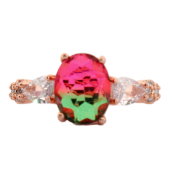 Oval Watermelon Tourmaline & Topaz Rose Gold Ring, Size 6 137