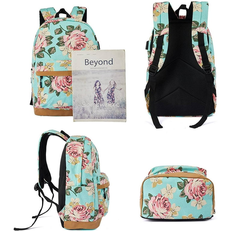 College Backpack Set with USB Charging Port for High School Floral Prints  Backpack with Lunch Bag Pencil Box 