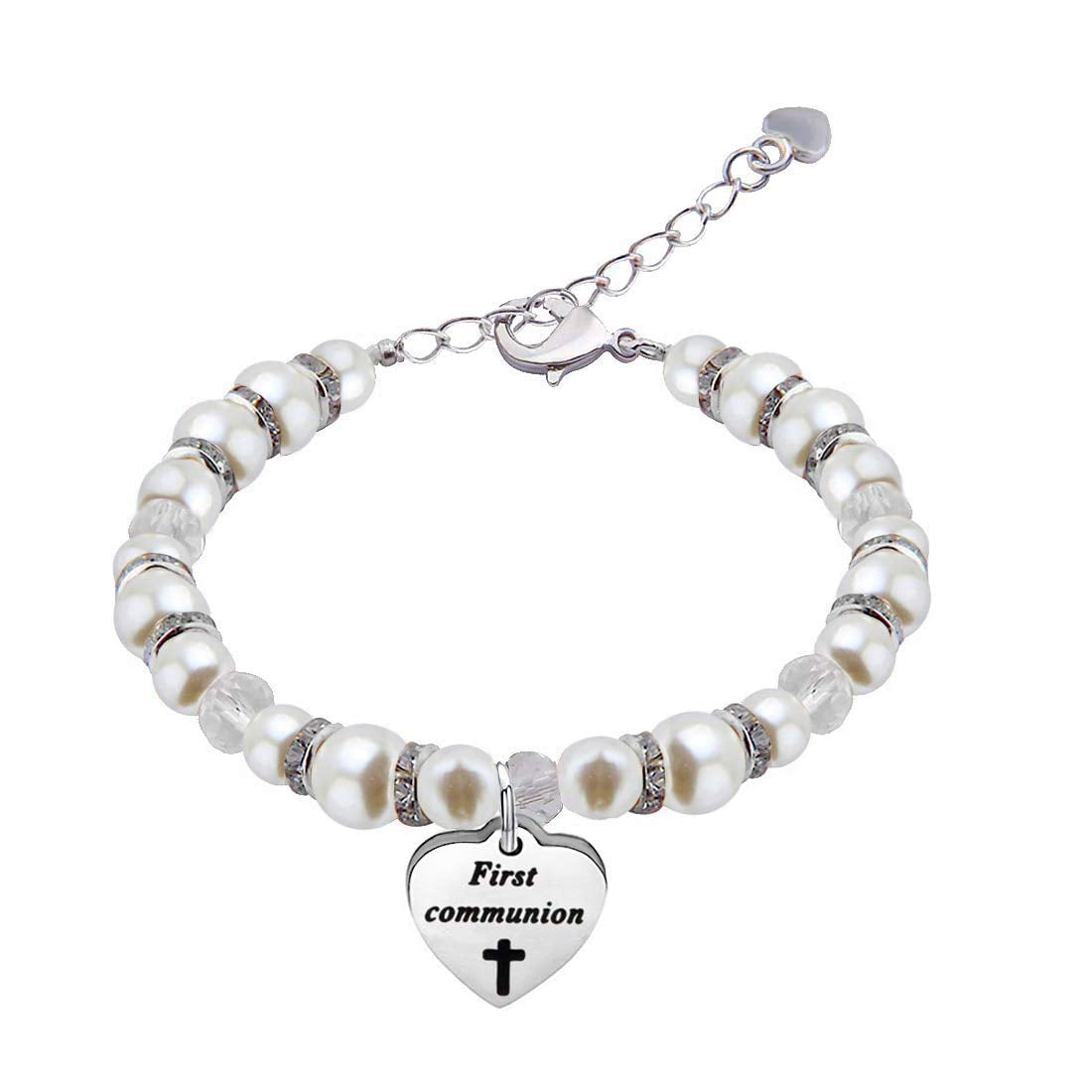 First Communion White Stretch Bracelet with Cross 