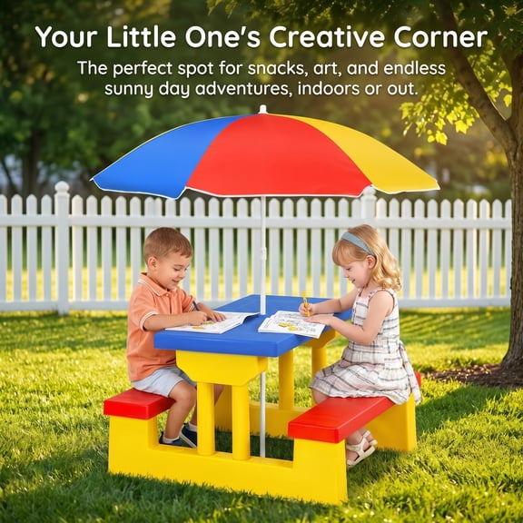 Kadyn Kids Picnic Table with Removable&Foldable Umbrella, Kids Indoor & Outdoor Table and Bench set with PP Material for Patio, Backyard, Yellow