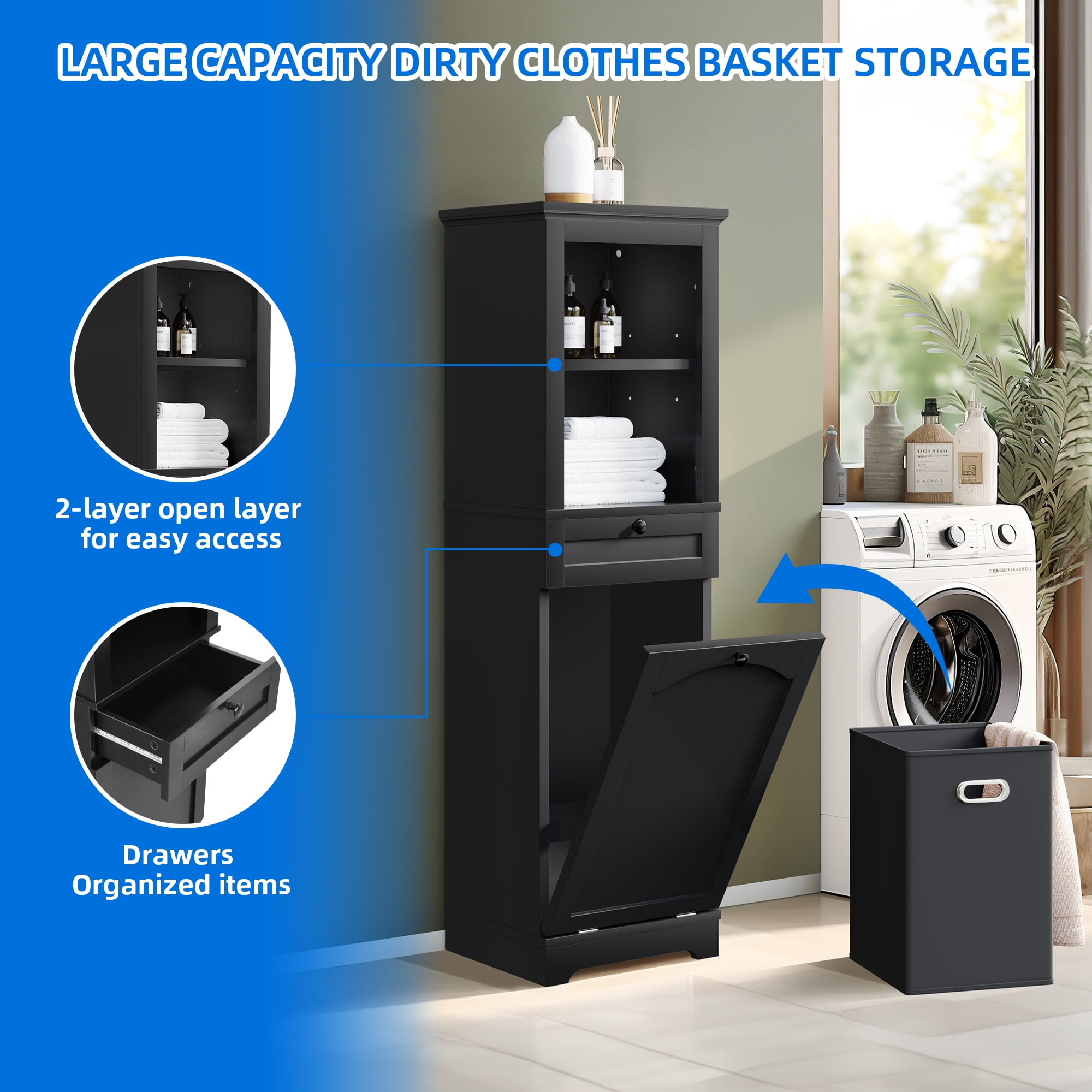 DEXTRUS 53"H Tilt Out Laundry Cabinet with Basket, Freestanding Laundry Hamper Bathroom Storage Cabinet Unit with Drawer, 2 Layer Open Shelf, Black