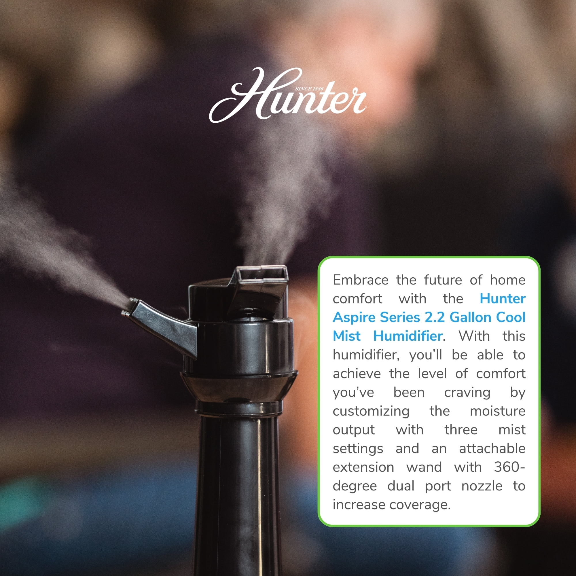 Hunter HHU400 Ultrasonic Humidifier - Vibration Technology Air Humidifier w/ Long Lasting Mist for Large Spaces - Hunter Humidifiers for Bedroom - Extension Wand & 360 Degree Nozzle, 2.19 Gal. Taupe