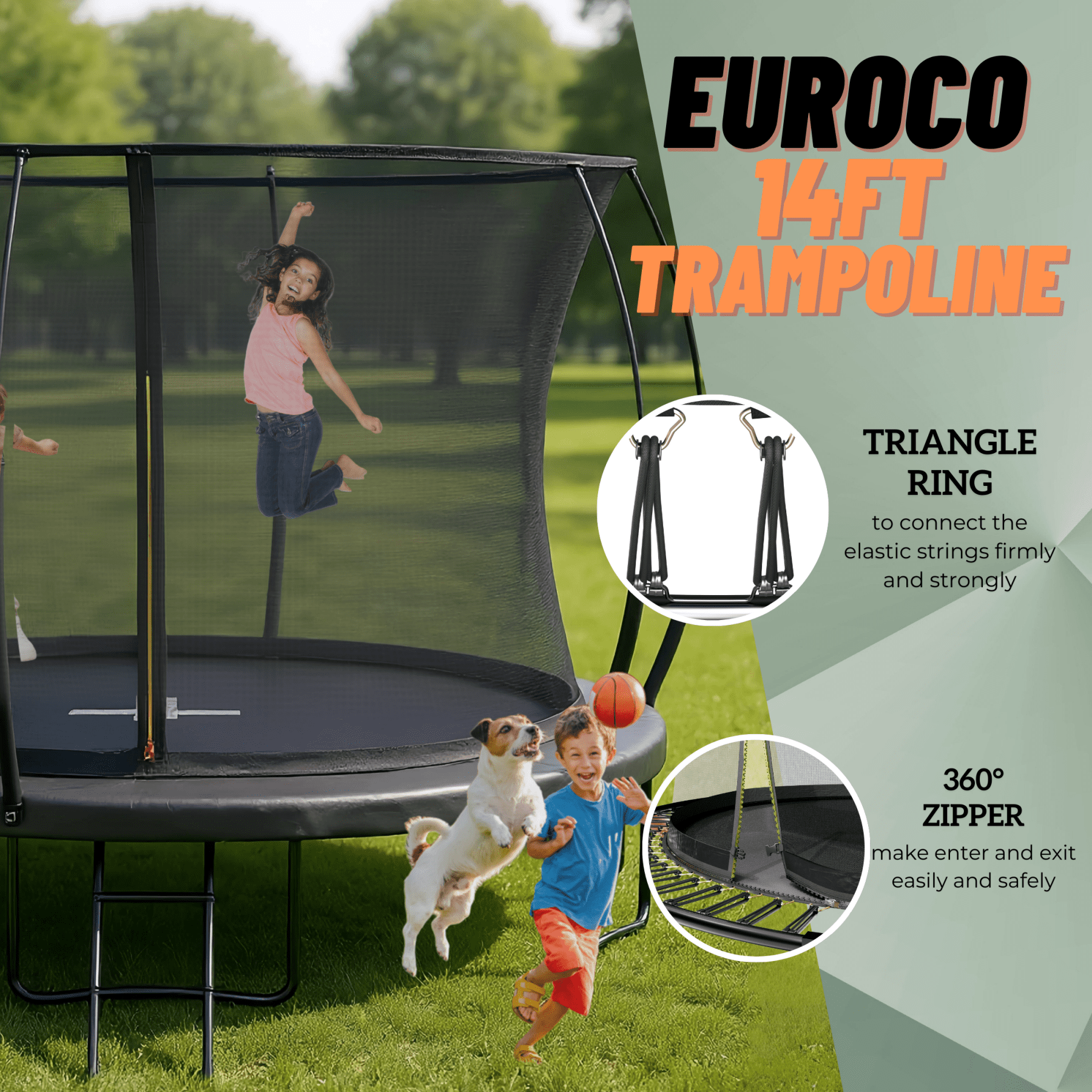 EUROCO 1500LBS Springfree 12FT Trampoline with Ladder and Storage Bag for Kids and Adults, No Gap Outdoor Trampoline for Backyard